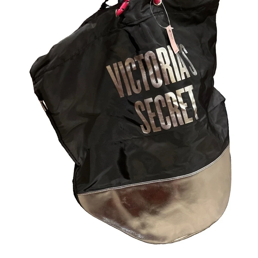 Victoria's Secret Drawstring Backpack Lightweight Gym Travel Casual Black&Silver